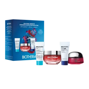 Biotherm Blue Therapy gift set with firming skincare products including creams and cleansers next to a colorful box.