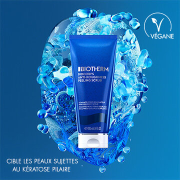 Tube bleu Biotherm ciblant les peaux sujettes au keratose pilaire, certifie vegane.