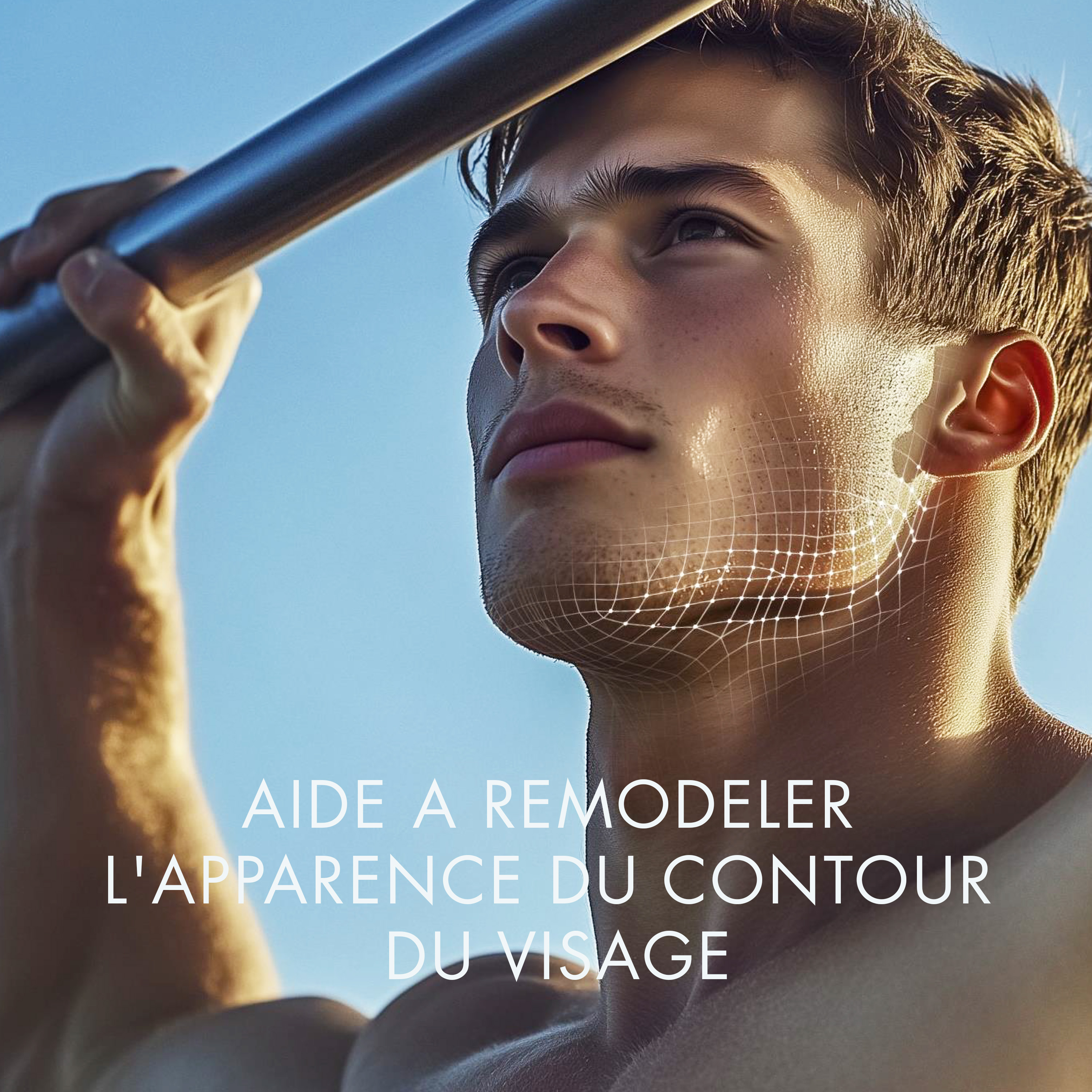Homme au soleil avec filet graphique sur le visage, texte : ‘Aide à remodeler l’apparence du contour du visage’.